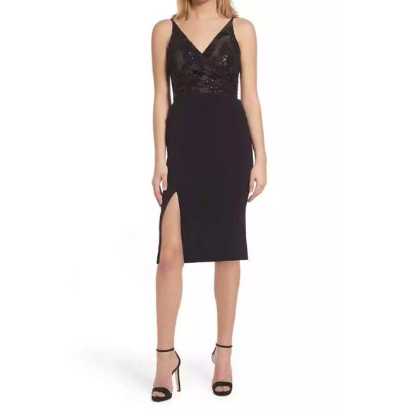 DRESS THE POPULATION Giulia Sequin Bodice Sheath Midi Dress Small Black/Tan NWOT - Picture 1 of 8